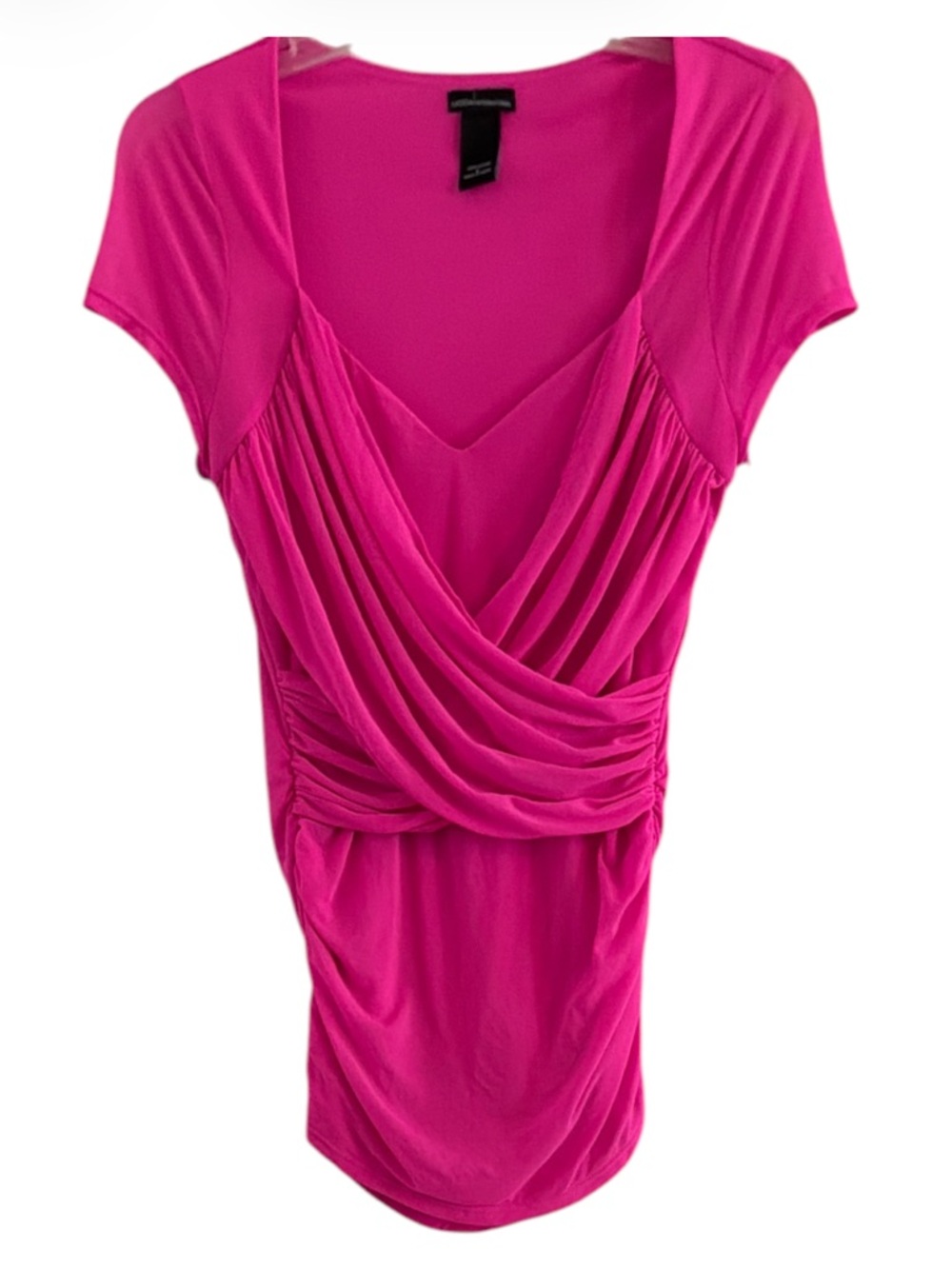 Moda International Hot Pink Draped Ruched Faux Wrap Short Sleeve Vintage Top M